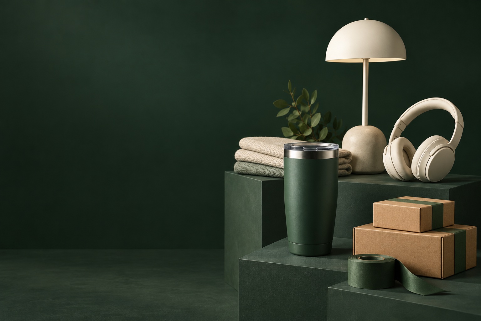 A curated selection of household products and kraft shipping boxes in a forest-green studio setting.